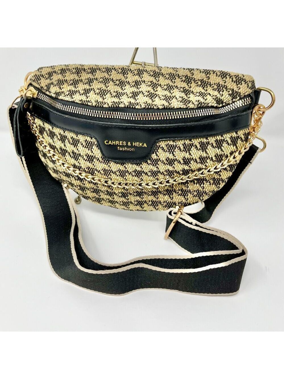 Cahres & Heka  Designer Crossbody Houndstooth Print Canvas Bag - Picture 2 of 14